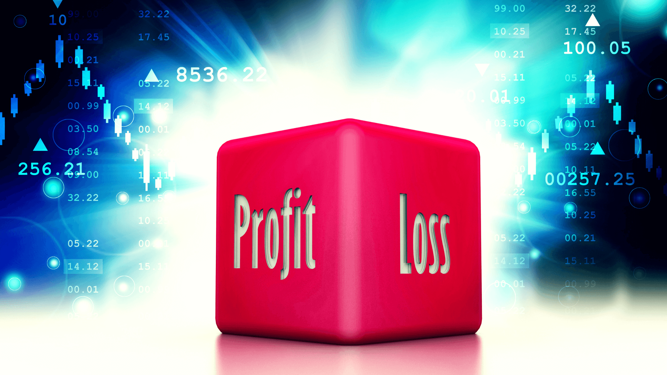 Pink dice that says 'profit' and 'loss' in front of a dark background with financial numbers and charts.